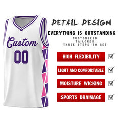 Custom White Purple-Pink Side Two-Color Triangle Splicing Sports Uniform Basketball Jersey