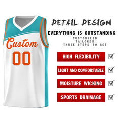 Custom White Aqua-Orange Color Block Sports Uniform Basketball Jersey