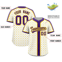 Custom White Purple-Gold Personalized Plaid Design Authentic Baseball Jersey