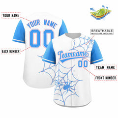 Custom White Powder Blue Spider Web Pattern Raglan Sleeves Authentic Baseball Jersey