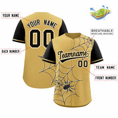Custom Old Gold Black Spider Web Pattern Raglan Sleeves Authentic Baseball Jersey