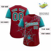 Custom Crimson Aqua Spider Web Pattern Raglan Sleeves Authentic Baseball Jersey