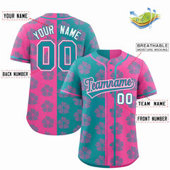 Custom Aqua Pink Split Fashion Flower Graffiti Pattern Authentic Baseball Jersey