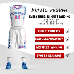 Custom White Powder Blue Graffiti Pattern Sets Oblique Bar Basketball Jersey