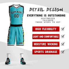 Custom Teal Black-White Graffiti Pattern Sets Lightning Basketball Jersey
