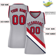 Custom Light Gray Navy-Red Thick Slash Fashion Tops Mesh Basketball Jersey For Women
