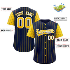 Custom Navy Gold-White Stripe Fashion Raglan Sleeves Authentic Baseball Jersey