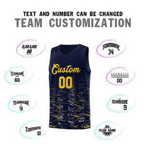 Custom Navy Gold Personalized Scratches Pattern Sports Uniform Basketball Jersey
