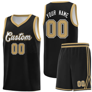 Custom Black Old Gold Chest Slash Patttern Sports Uniform Basketball Jersey