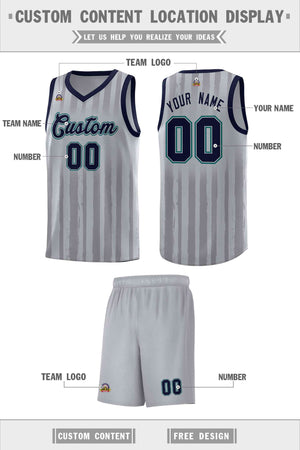 Custom Gray Navy Vertical Striped Pattern Sports Uniform Basketball Jersey