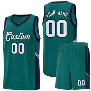 Custom Aqua White-Navy Side Stripe Fashion Sports Uniform Basketball Jersey