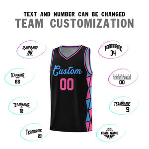 Custom Black Powder Blue-Pink Side Two-Color Triangle Splicing Sports Uniform Basketball Jersey