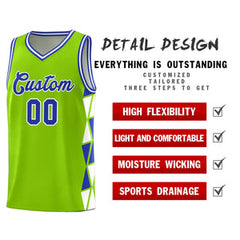 Custom Neon Green Royal-White Side Two-Color Triangle Splicing Sports Uniform Basketball Jersey