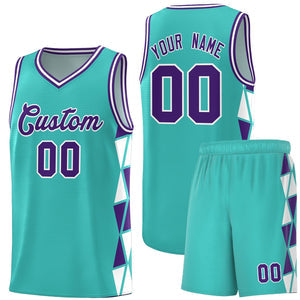 Custom Aqua Purple-White Side Two-Color Triangle Splicing Sports Uniform Basketball Jersey