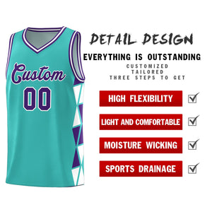 Custom Aqua Purple-White Side Two-Color Triangle Splicing Sports Uniform Basketball Jersey