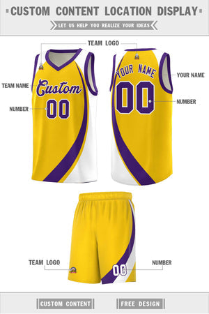 Custom Gold Purple-White Color Block Sports Uniform Basketball Jersey