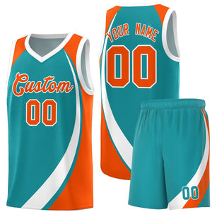 Custom Aqua White-Orange Color Block Sports Uniform Basketball Jersey