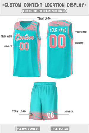 Custom Aqua Light Pink Graffiti Pattern Sports Uniform Basketball Jersey