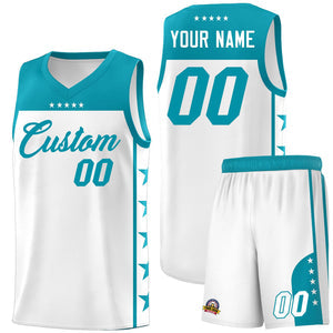 Custom White Aqua Personalized Star Pattern Sports Uniform Basketball Jersey