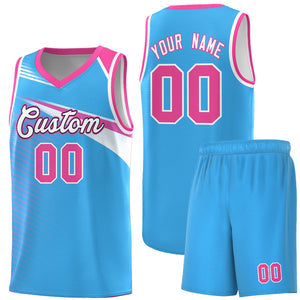 Custom Powder Blue White-Navy Chest Color Block Sports Uniform Basketball Jersey