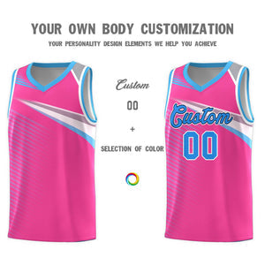 Custom Pink Powder Blue-Navy Chest Color Block Sports Uniform Basketball Jersey