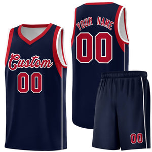 Custom Navy Red-White Sleeve Color Blocking Classic Sets Sports Uniform Basketball Jersey