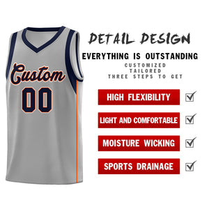 Custom Gray Navy-Orange Sleeve Color Blocking Classic Sets Sports Uniform Basketball Jersey