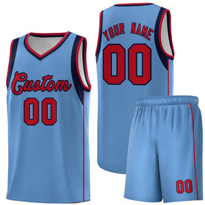 Custom Light Blue Navy-Red Sleeve Color Blocking Classic Sets Sports Uniform Basketball Jersey