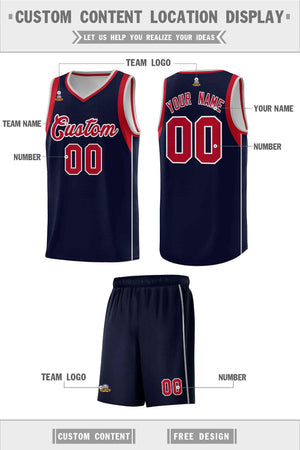 Custom Navy Red-Gray Sleeve Color Blocking Classic Sets Sports Uniform Basketball Jersey