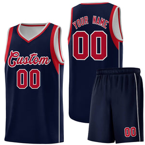 Custom Navy Red-Gray Sleeve Color Blocking Classic Sets Sports Uniform Basketball Jersey