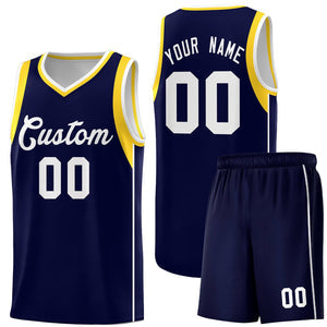 Custom Navy White-Gold Sleeve Color Blocking Classic Sets Sports Uniform Basketball Jersey