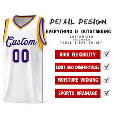Custom White Purple-Aqua Sleeve Color Blocking Classic Sets Sports Uniform Basketball Jersey