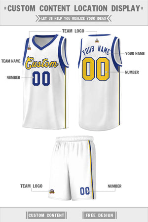 Custom White Royal-Gold Sleeve Color Blocking Classic Sets Sports Uniform Basketball Jersey