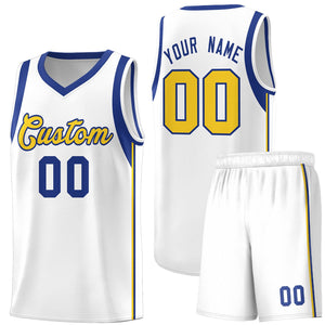 Custom White Royal-Gold Sleeve Color Blocking Classic Sets Sports Uniform Basketball Jersey
