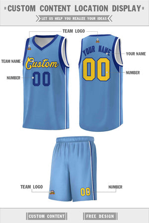 Custom Powder Blue Royal-Gold Sleeve Color Blocking Classic Sets Sports Uniform Basketball Jersey