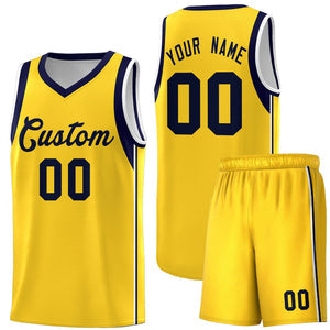 Custom Gold Navy Sleeve Color Blocking Classic Sets Sports Uniform Basketball Jersey