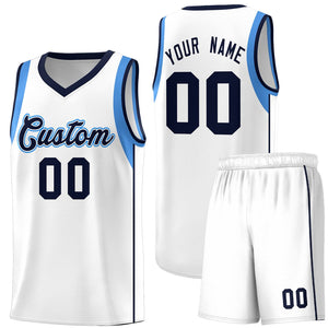 Custom White Navy-Powder Blue Sleeve Color Blocking Classic Sets Sports Uniform Basketball Jersey