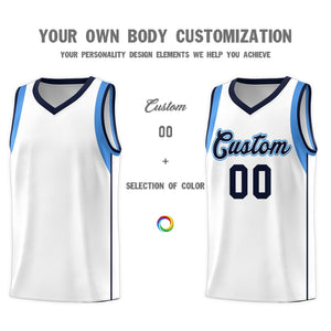 Custom White Navy-Powder Blue Sleeve Color Blocking Classic Sets Sports Uniform Basketball Jersey