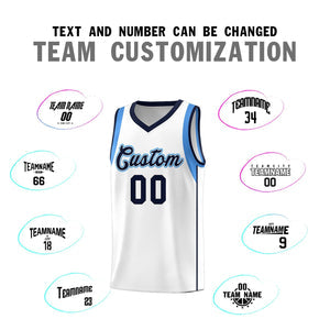 Custom White Navy-Powder Blue Sleeve Color Blocking Classic Sets Sports Uniform Basketball Jersey