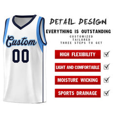 Custom White Navy-Powder Blue Sleeve Color Blocking Classic Sets Sports Uniform Basketball Jersey