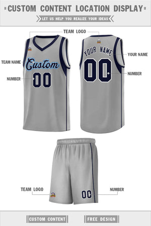 Custom Gray Navy-White Sleeve Color Blocking Classic Sets Sports Uniform Basketball Jersey