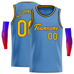 Custom Light Blue Yellow-Navy Classic Tops Casual Basketball Jersey