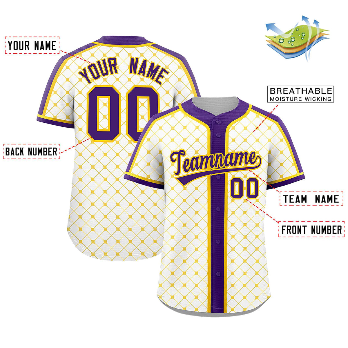 Custom White Purple-Gold Personalized Plaid Design Authentic Baseball Jersey