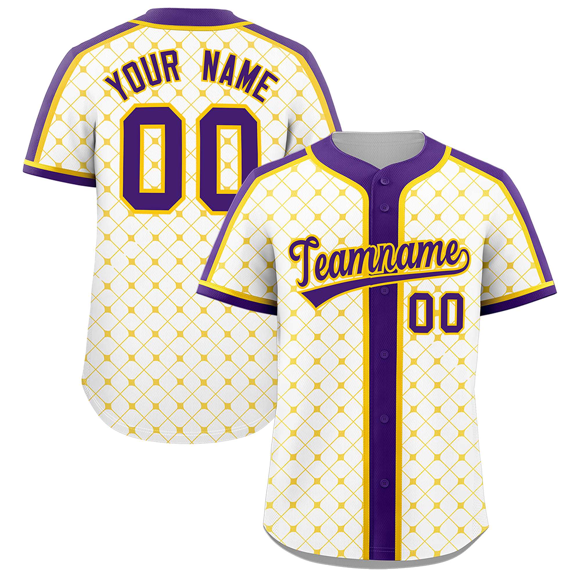 Custom White Purple-Gold Personalized Plaid Design Authentic Baseball Jersey