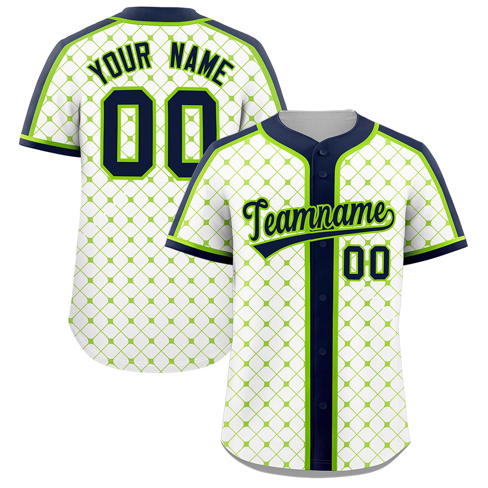 Custom White Navy-Neon Green Personalized Plaid Design Authentic Baseball Jersey