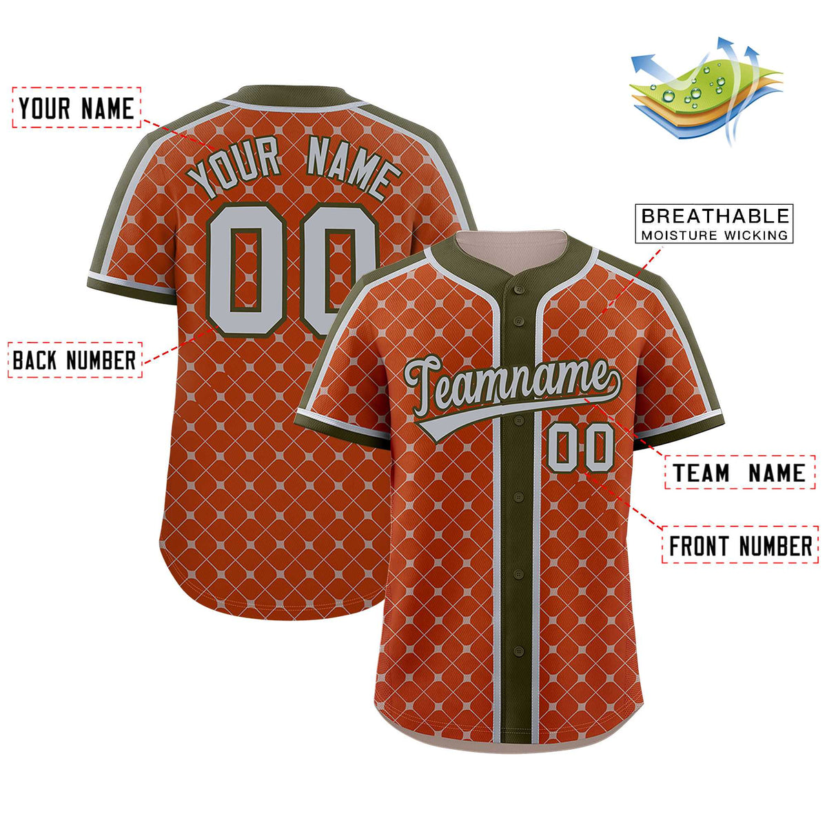 Custom Texas Orange Olive-Gray Personalized Plaid Design Authentic Baseball Jersey