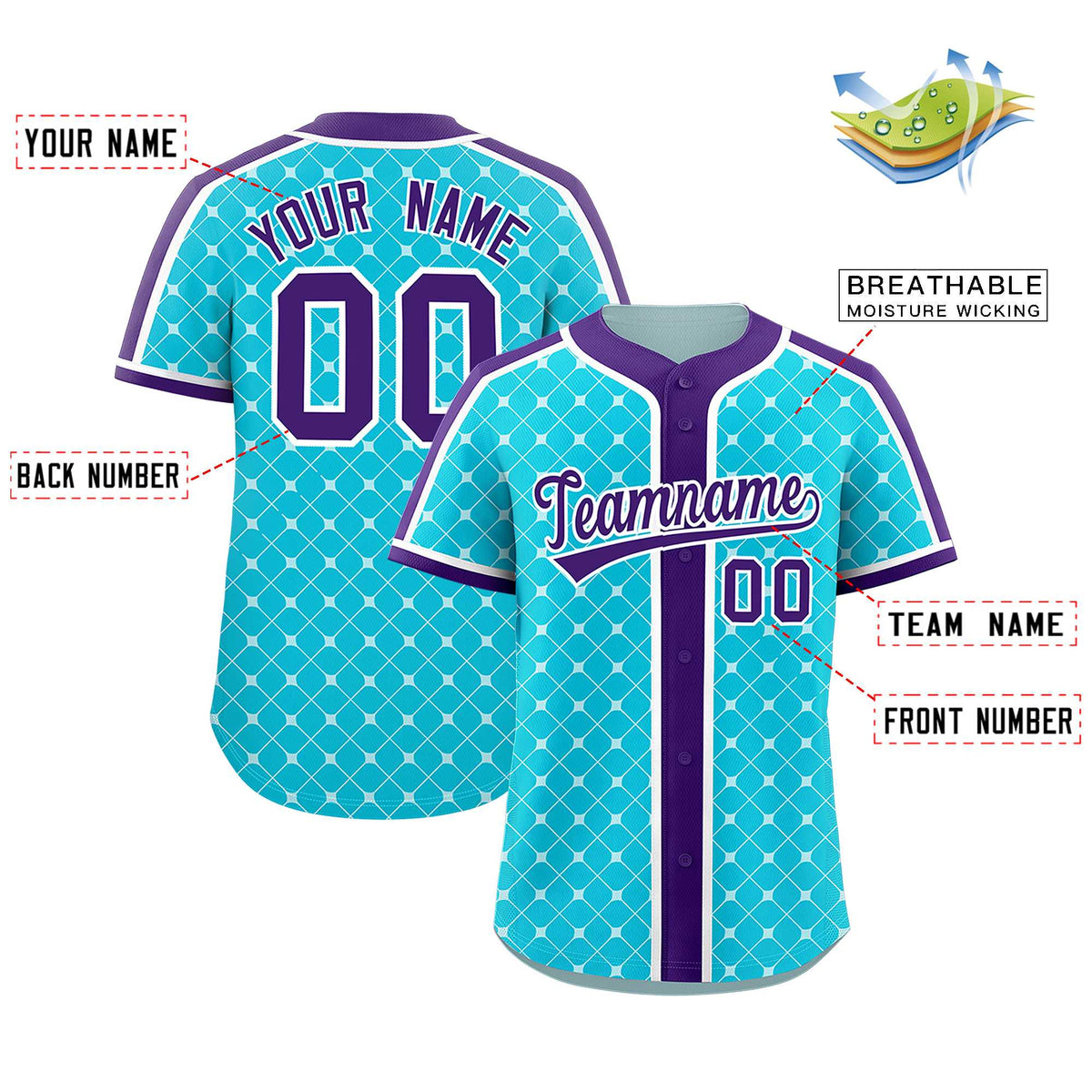 Custom Sky Blue Purple-White Personalized Plaid Design Authentic Baseball Jersey