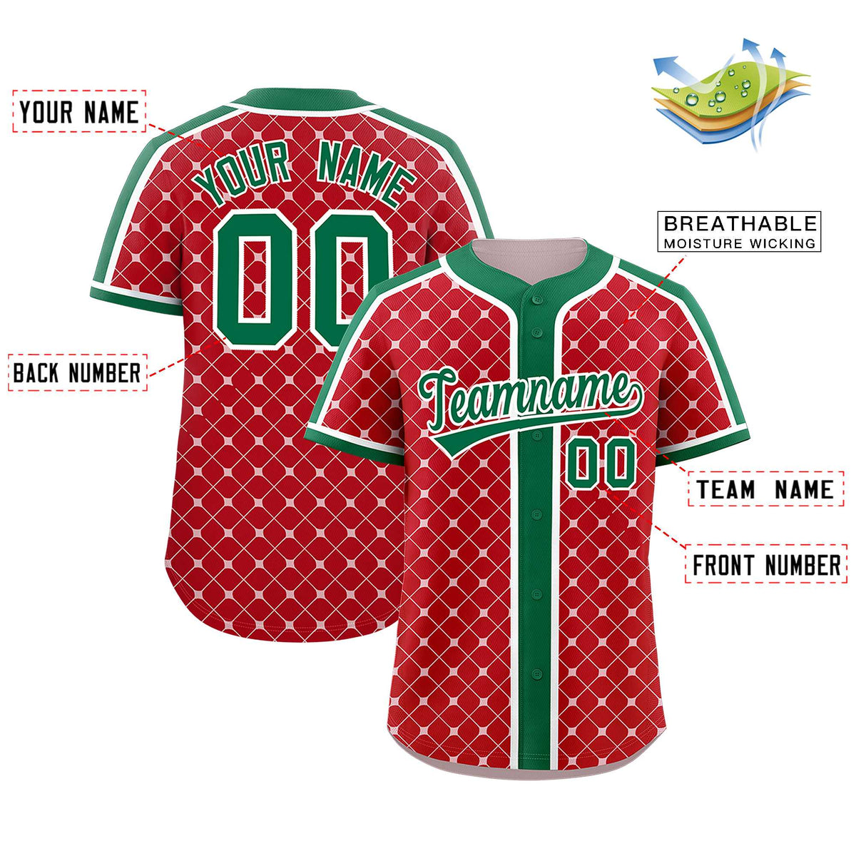 Custom Red Kelly Green-White Personalized Plaid Design Authentic Baseball Jersey