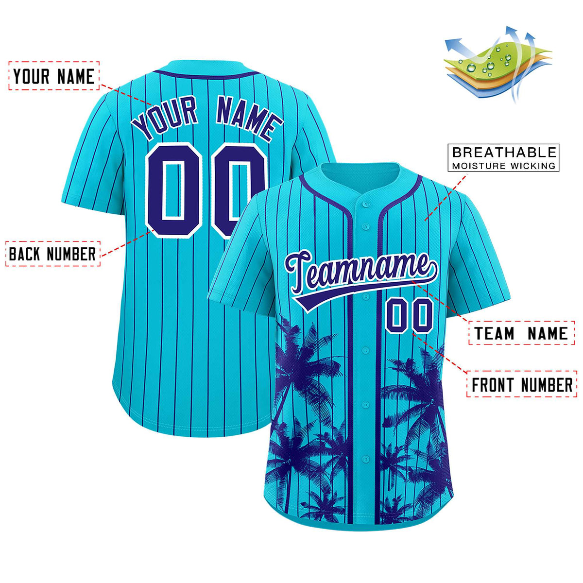 Custom Sky Blue Royal Pinstripe Coconut Tree Pattern Authentic Baseball Jersey