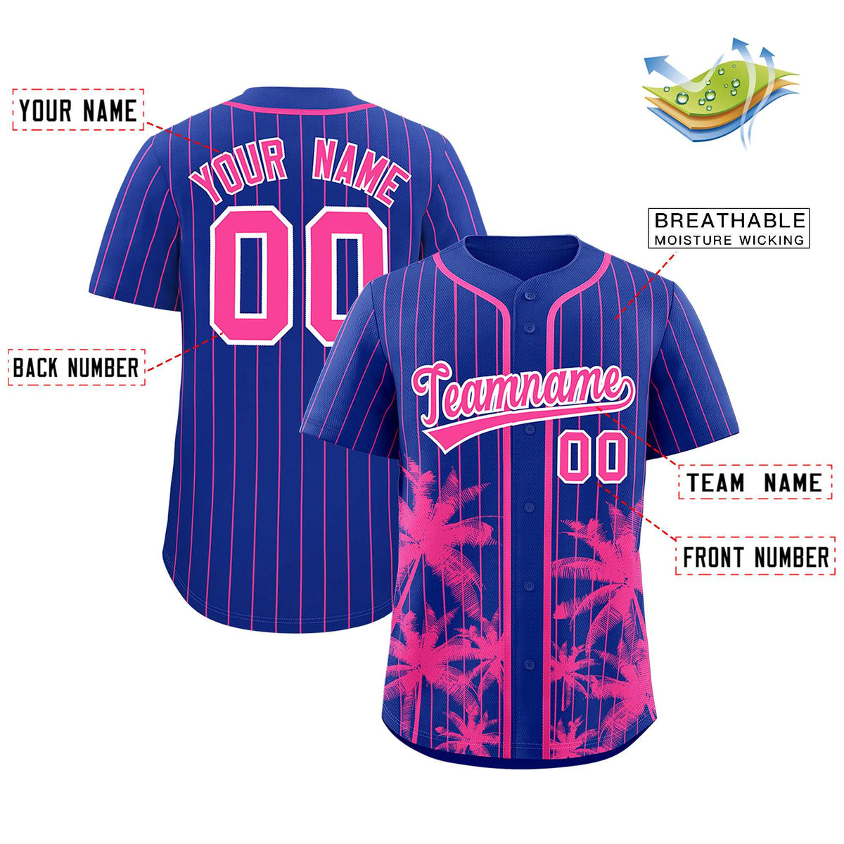 Custom Royal Pink Pinstripe Coconut Tree Pattern Authentic Baseball Jersey